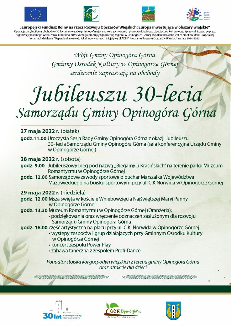Zdjęcie plakatu informującego przebiegu uroczystości 30-lecia Samorządu Gminy Opinogóra Górna