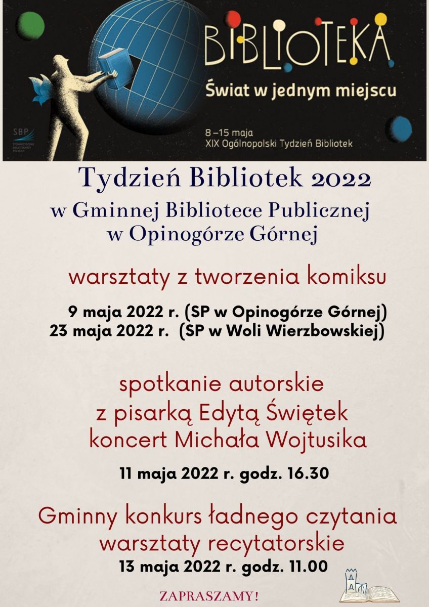 Plakat informujący o imprezach organizowanych w ramach Tygodnia Bibliotek