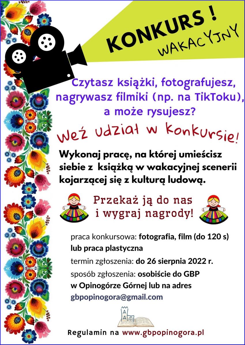 Plakat informujący o wakacyjnym konkursie pod hasłem "Z książką na ludowo"