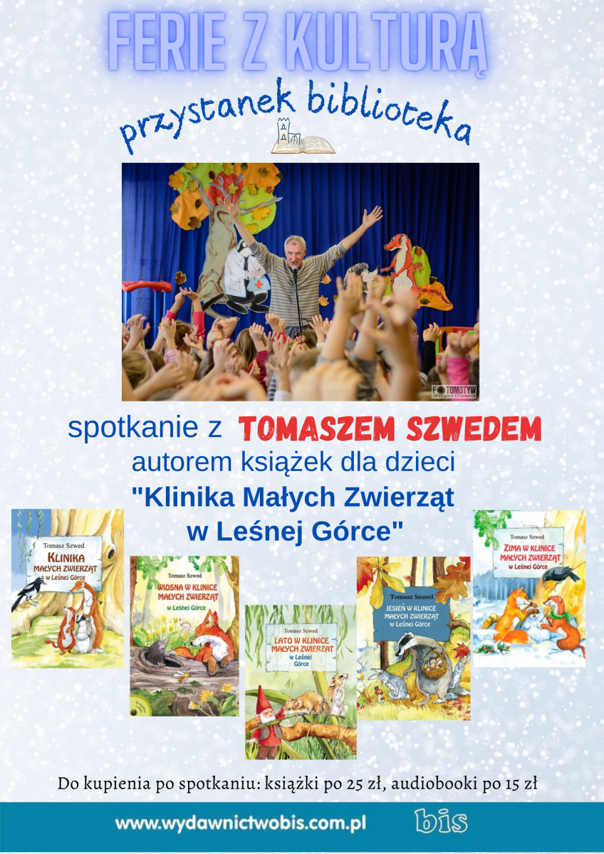 plakat informujący o spotkaniu z autorem książek dla dzieci