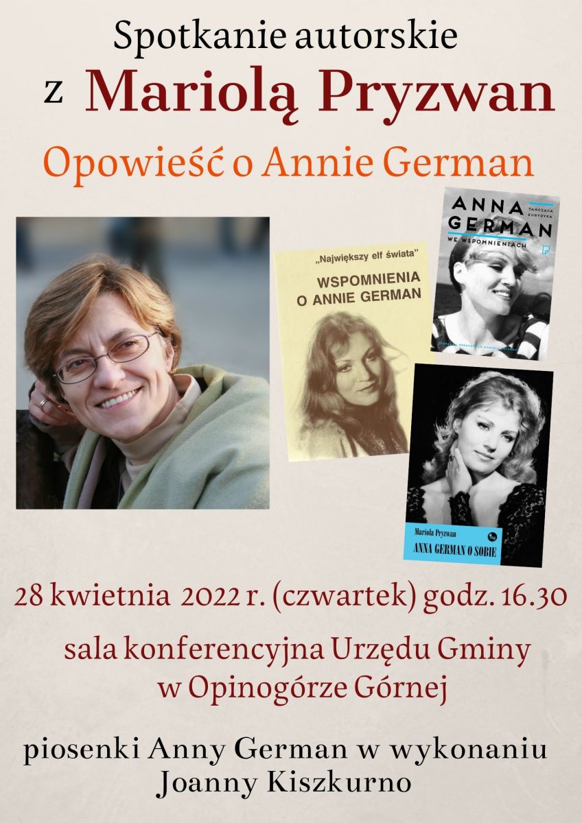 Plakat informujący o spotkaniu autorskim z Mariolą Pryzwan o Annie German.