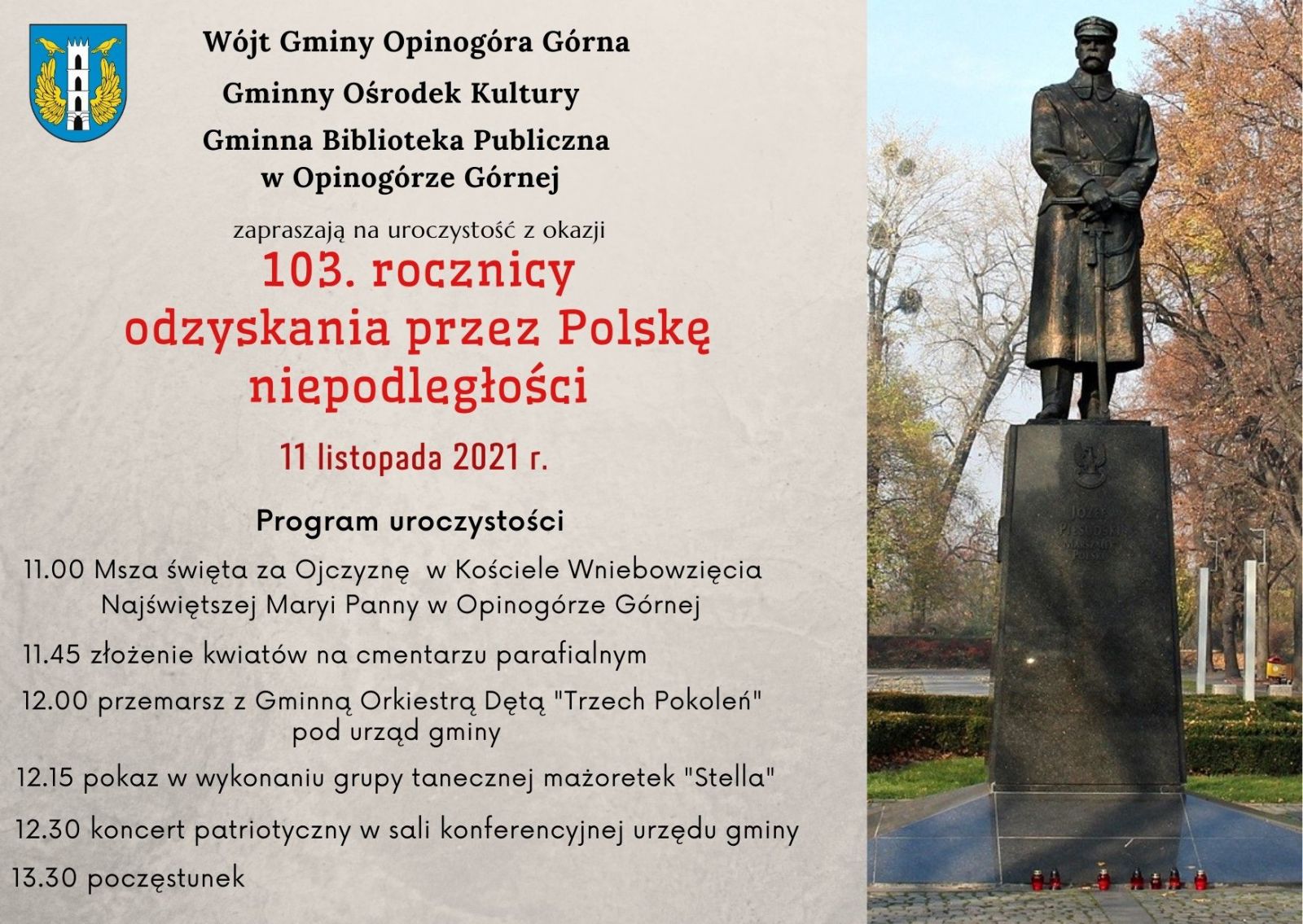 Zdjęcie plakatu informującego o obchodach 103. rocznicy odzyskania przez Polskę niepodległości w Opinogórze Górnej.